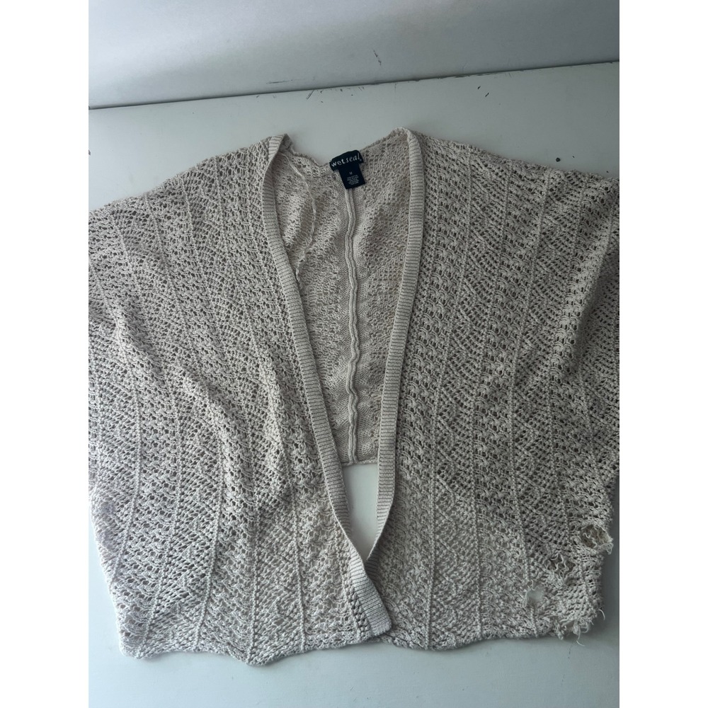 Womens M Cream Pointelle Knit Open Front Cropped Cardigan High Low Boho Cotton